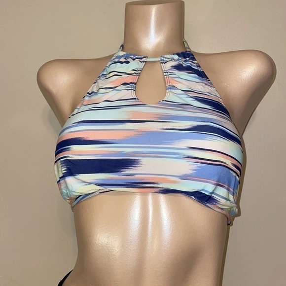 Roxy women’s bikini top large halter stripe bathing suit swim blue pink - Picture 3 of 9